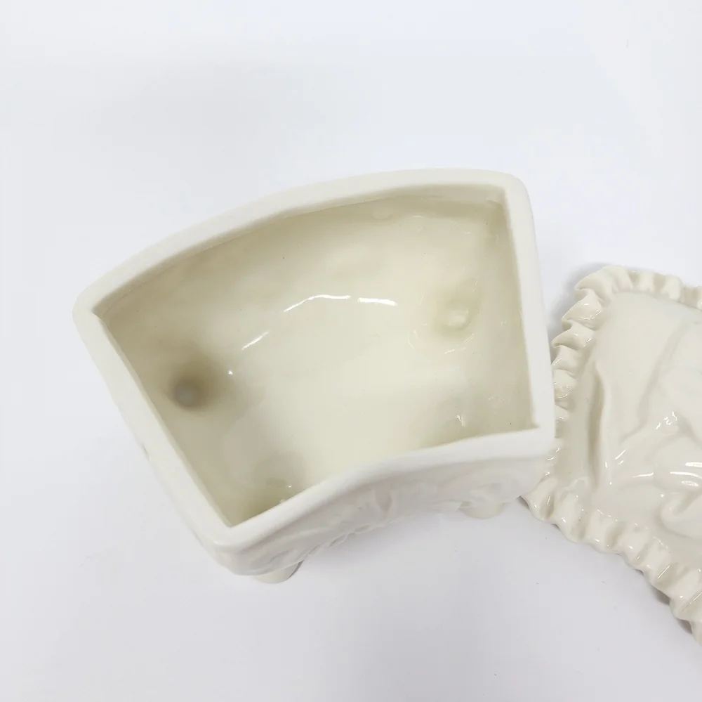 Vintage White Ceramic Glazed Footed Floral Trinket Box